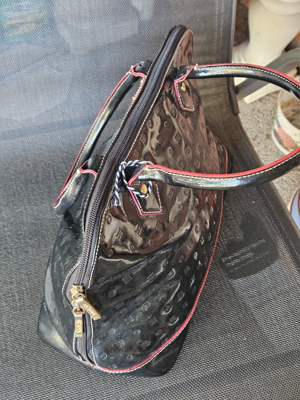 Arcadia Black Patent Leather Embossed Satchel Handbag.